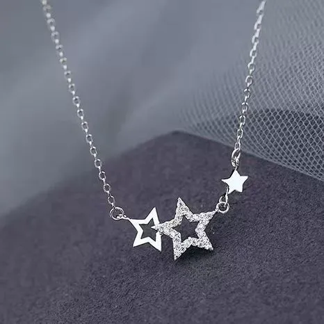 INS3181-Sterling Silver Star Necklace for Women with Three Cubic Zirconia Star Pendants Adjustable Chain for Y2k Jewelry