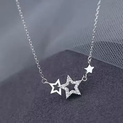 INS3181-Sterling Silver Star Necklace for Women with Three Cubic Zirconia Star Pendants Adjustable Chain for Y2k Jewelry
