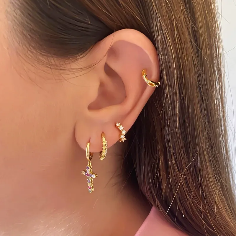 INS2410-Dainty Cross Colorful CZ Huggie Small Hoop Earrings Dangle Drop for Women Cartilage Boho Minimalist Sterling Silver Post 14K Gold Filled Rainbow Cross Charm Hoops Hypoallergenic Fashion Jewelry Gift-Gold