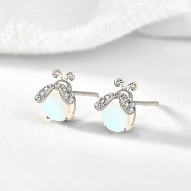 INS2257-Carol&Allen 925 Sterling Silver Stud Earrings Firefly Inlaid Moonstone Cubic Zirconia Glittering Shiny