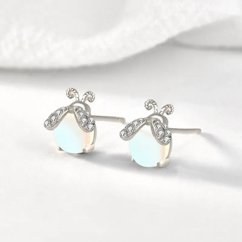 INS2257-Carol&Allen 925 Sterling Silver Stud Earrings Firefly Inlaid Moonstone Cubic Zirconia Glittering Shiny