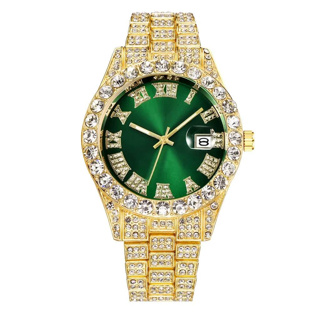 W-1018-Women's Watches Éurópéans and American Alloy Big Rhinestone Diamond Men's Watch Roman Scale Calendar Gold Green Full Diamond Watch