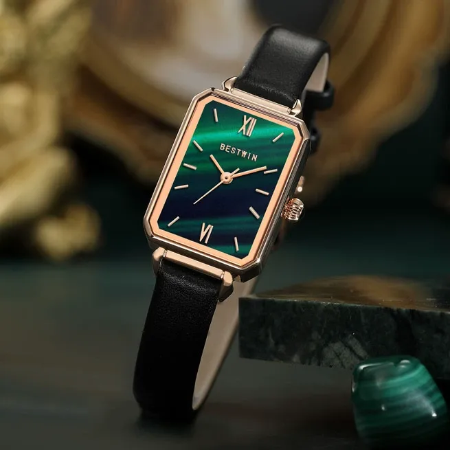 W-2029-OLEVS Fashion Retro Square Watches for Women Green Stone Square Watch Ladies Gold Analog Quartz Watches