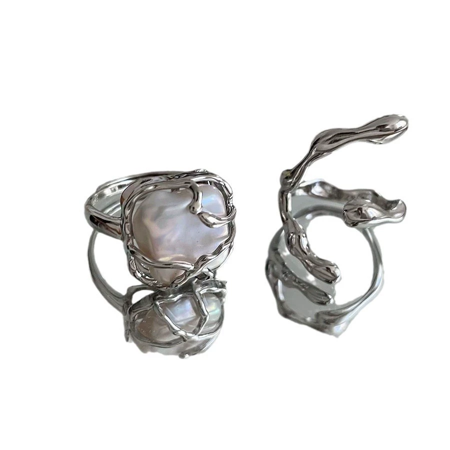 INS1016-Silver Liquid Metal Pearl Rings, Irregular Baroque Water Texture Statement Rings, Fashionable Adjustable Charm Jewelry Gifts for Women