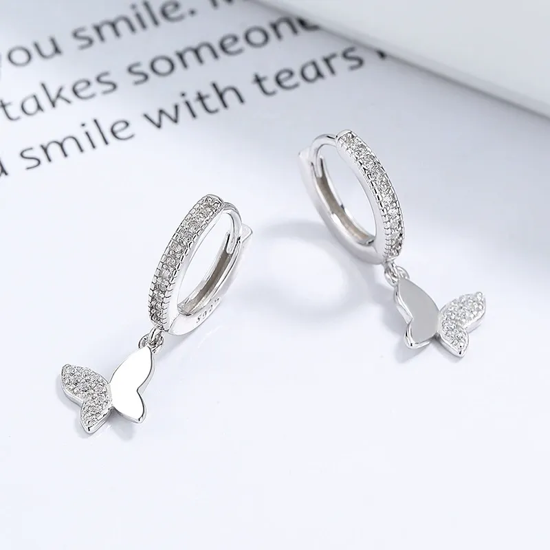 INS2183-Cute Butterfly Small CZ Cartilage Cuff Hoop Earrings With Tiny Charm Dangle Drop for Women S925 Sterling Silver Dainty Fashion Huggie Hoops Fashion Elegant Jewelry for Daughter Sister Bff