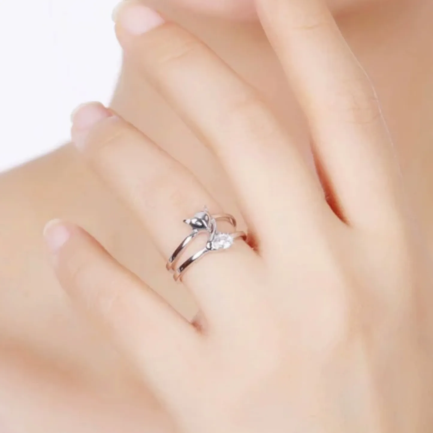 INS1147-Lzz Plated 925 Silver Ring Fox Ring Cute Animal Adjustable Crystal Ring Inlaid White Cubic Zirconia Ring