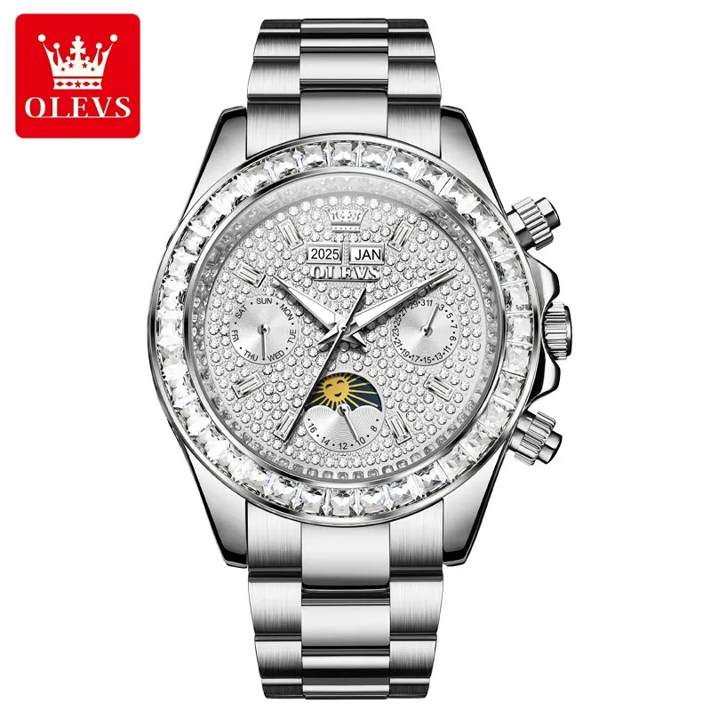 W-1003-Men's Luxury Watch Gold Diamond Automatic Mechanical with Date Moon Phase Stainless Steel Luminous Waterproof Business Wristwatch-Men