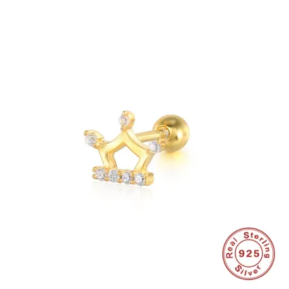 INS2058-18K Gold Plated Sterling Sliver Small Crown-Shaped Stud Earrings for Women Hypoallergenic Lightweight Elegant Cubic Zirconia Minimalist Crown Stud Earrings
