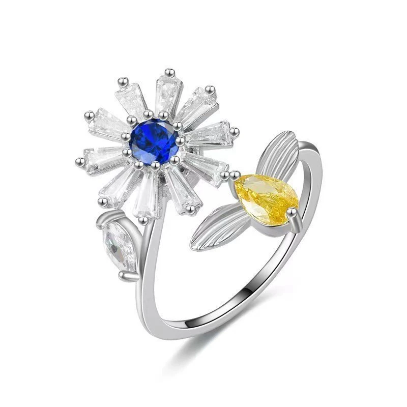 INS1259-"COLORFUL BLING Delicate Silver Cubic Zirconia Daisy Flower Butterfly Fidget Anxiety Rings for Women Adjustable Open Sunflowers Evil Eyes Stress Relief Stackable Rings "