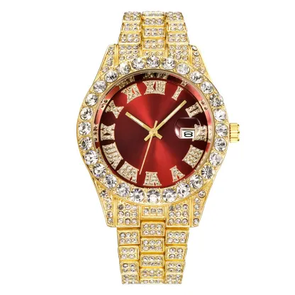 W-1018-Women's Watches Éurópéans and American Alloy Big Rhinestone Diamond Men's Watch Roman Scale Calendar Gold Green Full Diamond Watch