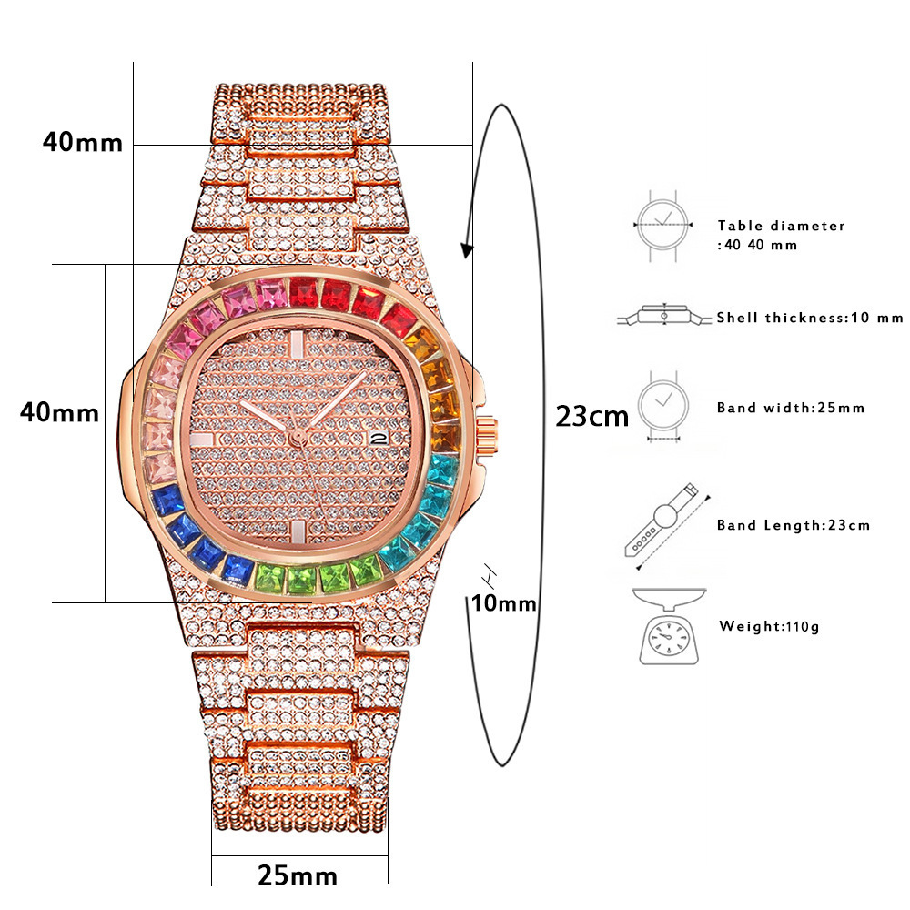 W-1011-Luxury Bling-ed Out Colorful Full Diamond Watches Fashion Quartz Analog Stainless Steel Band Bracelet Wrist Watch