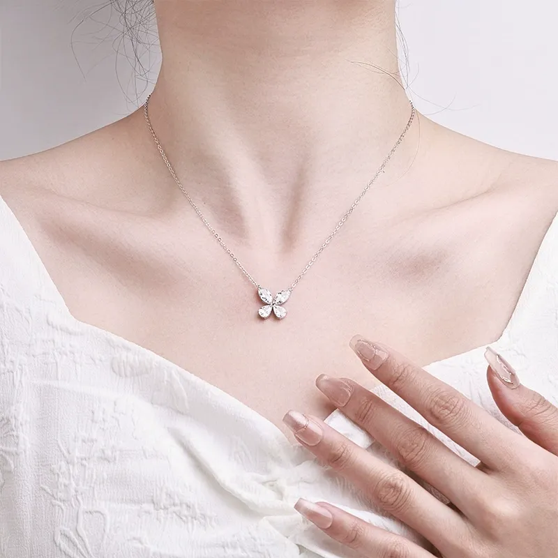 INS3061-Gemstone Sterling Silver Necklace for Women, 18K Gold Plated Jewelry, Diamond Four-Leaf Flower Zirconia, Round Zirconia Necklace