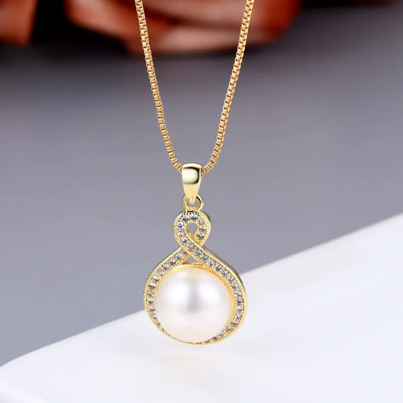 INS3052-Pearl Necklace for Women 925 Sterling Silver Freshwater Cultured 14K Gold Plated Infinity Single 8MM Pearl Pendant Necklace Jewelry Gift for Bride Bridesmaid