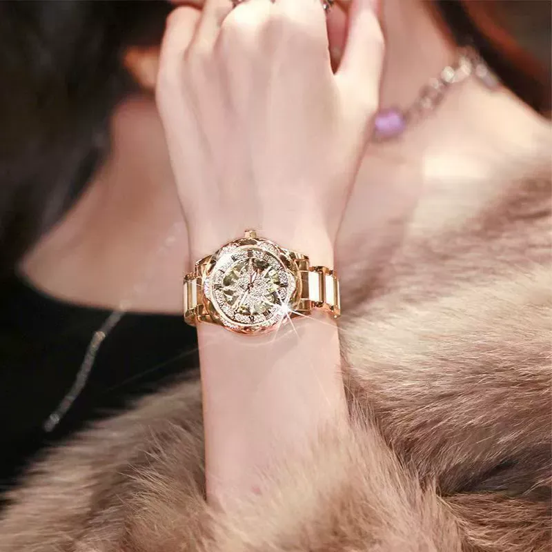 W-2056-OLEVS Women's Rose Gold Automatic Watches Skeleton Mechanical Self Winding Ladies Elegant Luxury Dress Butterfly Diamond White Ceramic Band Watch Gift