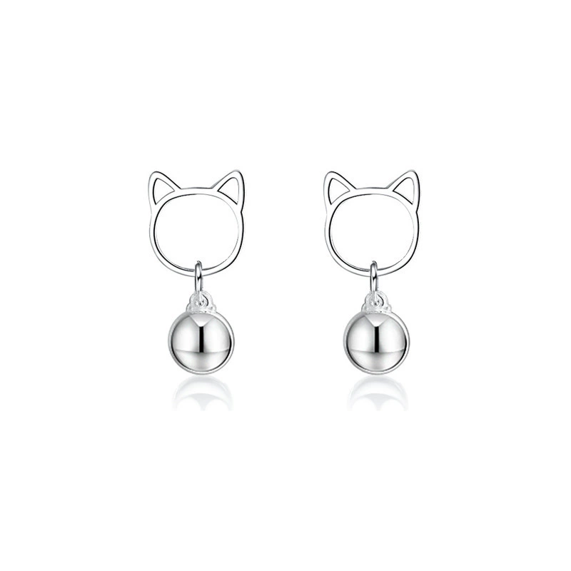INS2385-925 Sterling Silver White Gold Plated Fashion Cat Head Bell Ear Stud Earrings