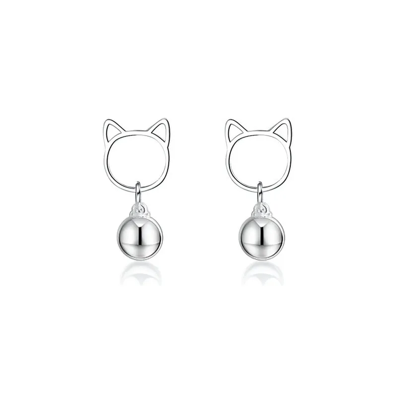 INS2385-925 Sterling Silver White Gold Plated Fashion Cat Head Bell Ear Stud Earrings