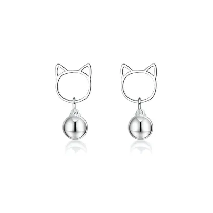 INS2385-925 Sterling Silver White Gold Plated Fashion Cat Head Bell Ear Stud Earrings