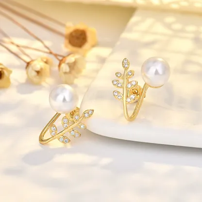 INS2289-Pearl Leaf Ear Cuff Earrings, Crystal Rhinestone Wrap Clip, Gold and Silver