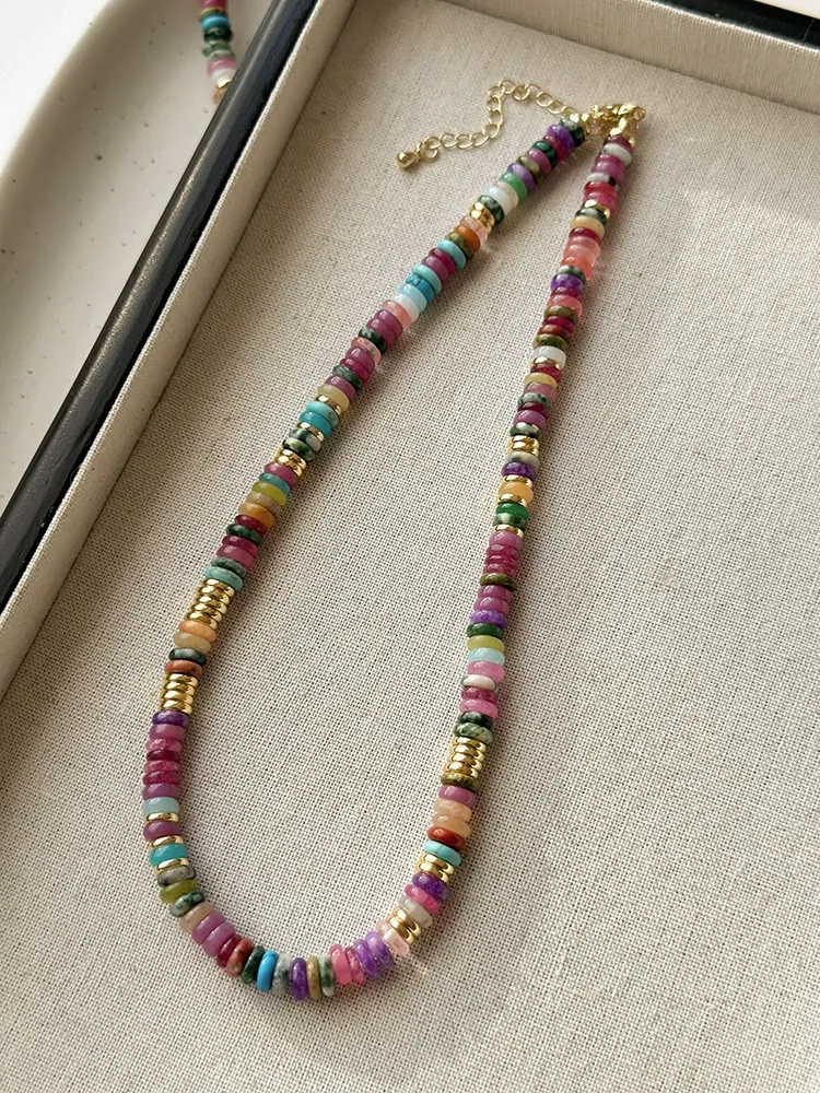 INS3034-Beaded Necklace for Women, Colorful Boho Beach Handmade Bead Choker, 14K Gold Plated Stackable Bohemian Multicolor Natural Stone Necklace