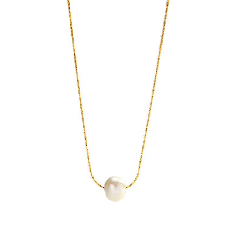 INS3016-Solid 14K Gold Over 925 Silver Pearl Necklace for Women,Dainty Freshwater Cultured White Pearl Pendant Necklace,Fashion Jewelry Gift for Her