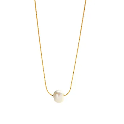 INS3016-Solid 14K Gold Over 925 Silver Pearl Necklace for Women,Dainty Freshwater Cultured White Pearl Pendant Necklace,Fashion Jewelry Gift for Her