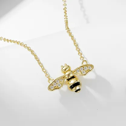 INS3143-Cute CZ Honey Bee Pendant Necklace For Women 14k Gold-Tone Plated Dainty Cubic Zirconia Insect Bumble Bee Choker Chain Charm Wedding Party Simple Statement Jewelry Birthday Present For Daughter Niece
