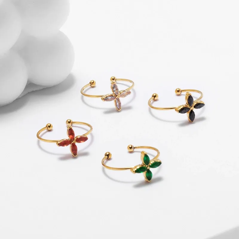 INS1065-14K Gold Plated Adjustable Open Emerald Cubic Zirconia Rings Green Zircon Four Leaf Clover Stacking Non Tarnish Rings Statement Wedding Bands for Women