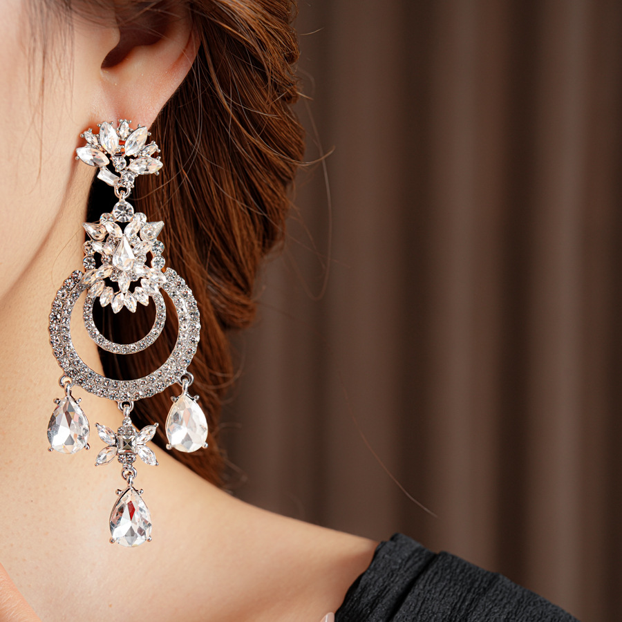 INS2424-mecresh Flower Teardrop Bridal Wedding Dangle CZ Earrings in Silver/Gold Tone for Women Girl Bride Gift 