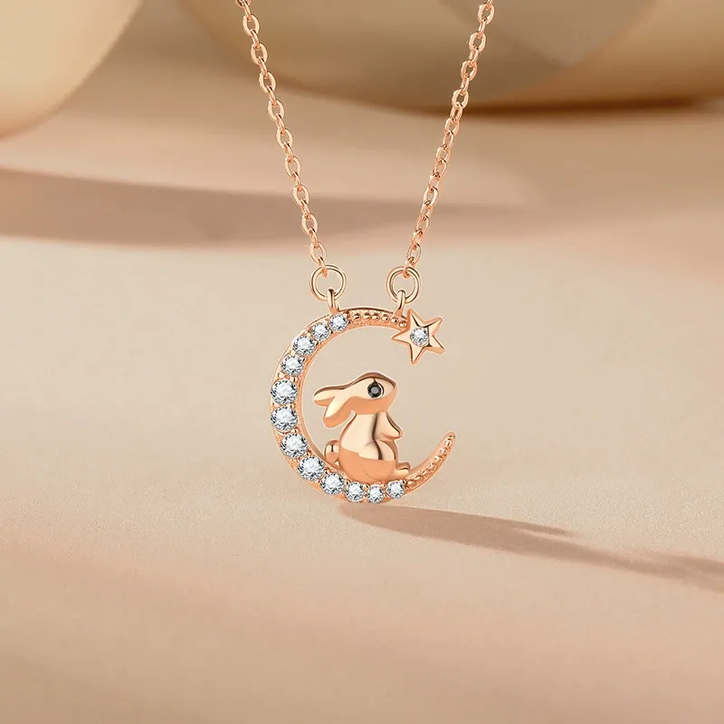 INS3120-Ornaland Chinese Zodiac Necklace 925 Sterling Silver Rose Gold Pendant Charm Necklace Zircon Moon and Star Necklace Cute Animal Jewelry Gifts for Women