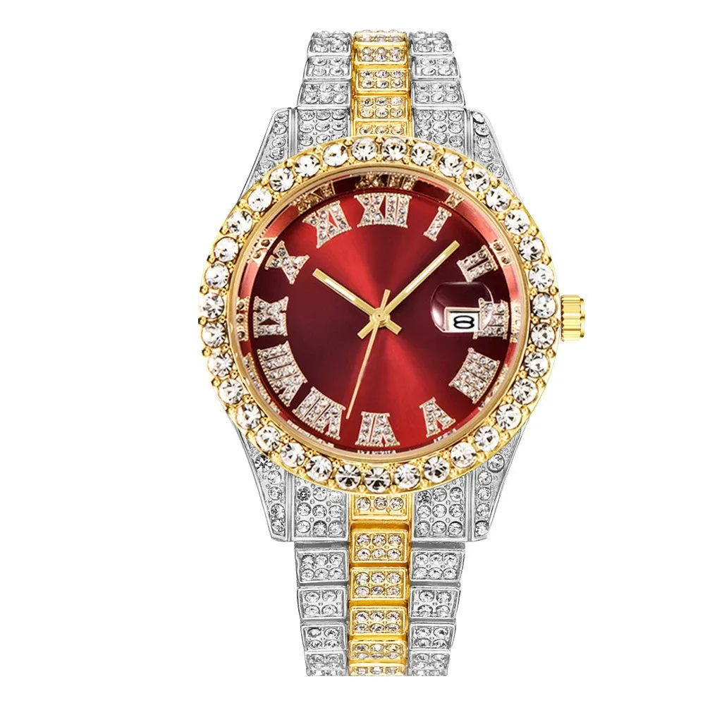 W-1018-Women's Watches Éurópéans and American Alloy Big Rhinestone Diamond Men's Watch Roman Scale Calendar Gold Green Full Diamond Watch