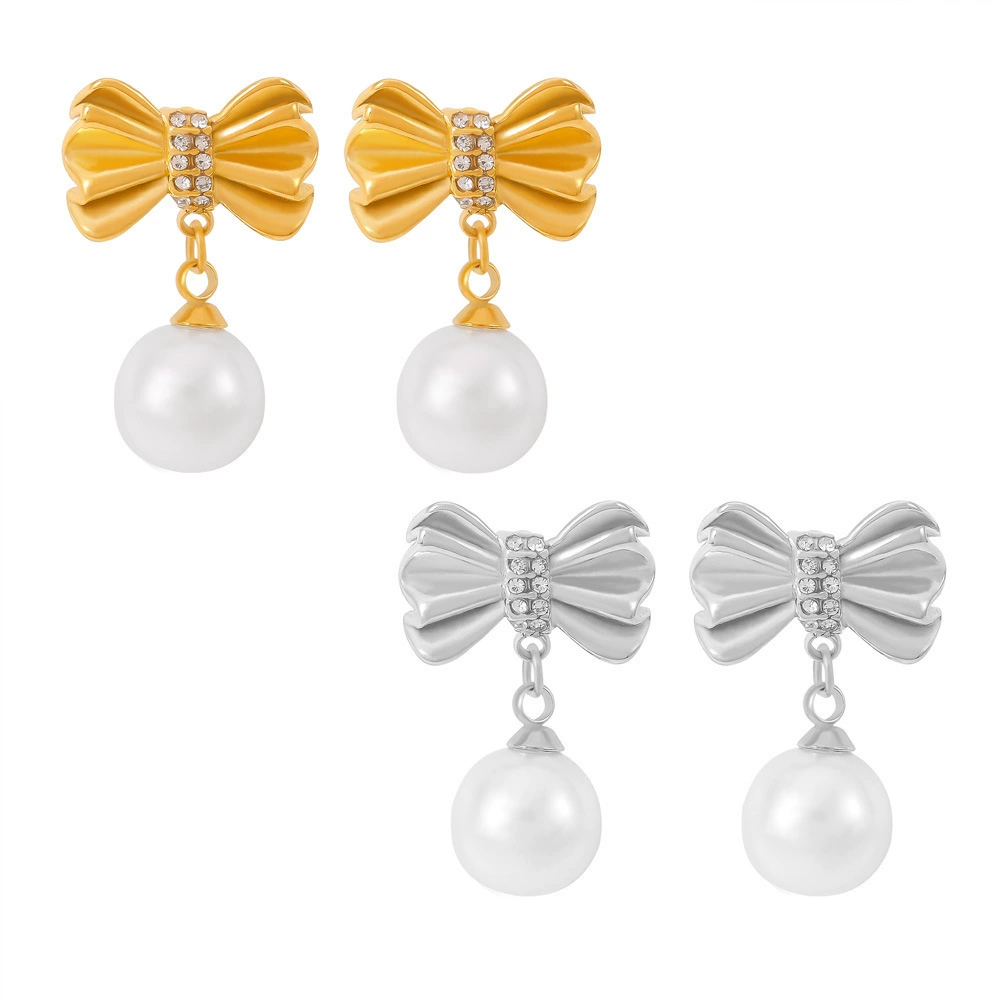INS2103-CANDYFANCY Gold Bow Earrings for Women Pearl Rhinestone Bowknot Stud Ribbon Drop Dangle Earrings Long Tassle Dangling Earrings Trendy Jewelry Christmas Birthday Gifts