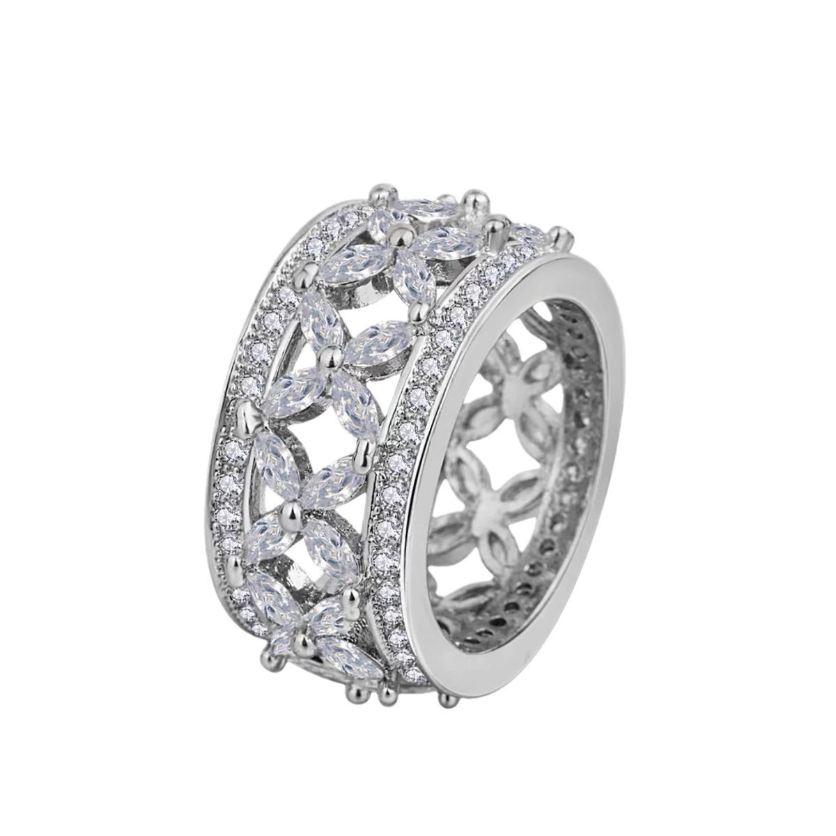 INS1076-S925 Silver Plated Rings Cubic Zirconia Clover Flower Ring | 12mm Eternity Rings for Women | Silver Rings for Women