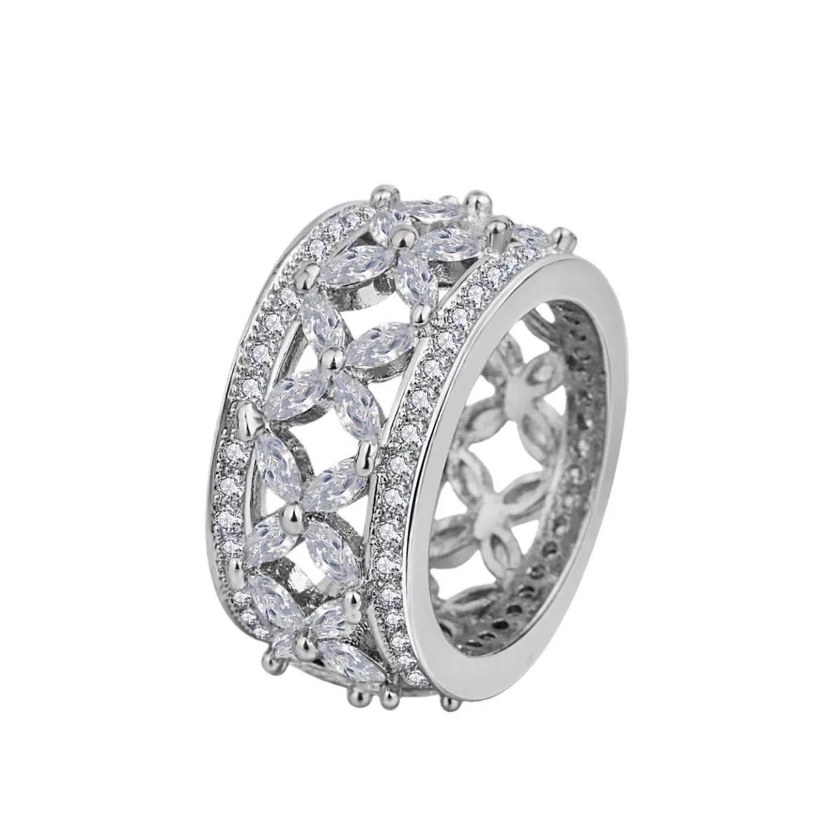 INS1076-S925 Silver Plated Rings Cubic Zirconia Clover Flower Ring | 12mm Eternity Rings for Women | Silver Rings for Women