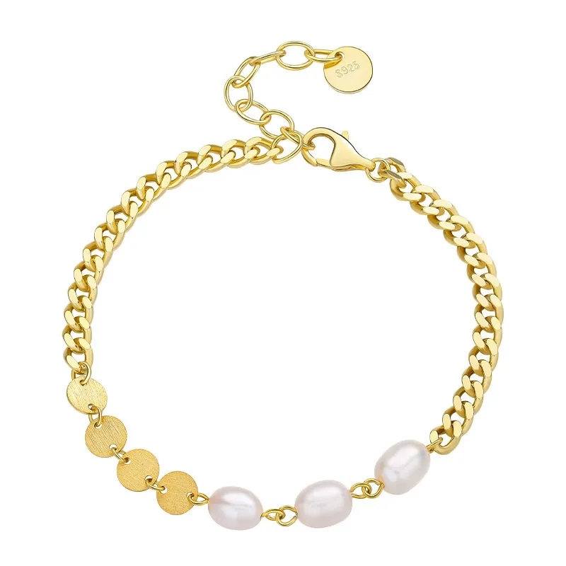 INS4089-Baroque Pearls Imitation Pearl Bracelet Vintage 18K Gold Plated Sterling Silver Bracelet with Drawn Elongated Cable Chains for Women