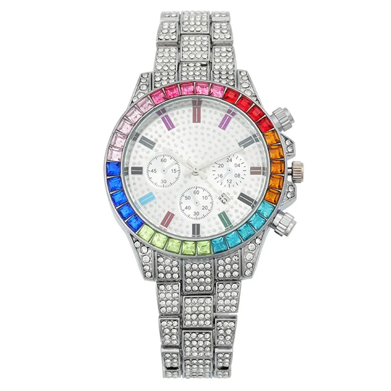 W-2052-Apzzic Iced Out Colorful Full Diamond Watch CZ Gold Plated Fashion Quartz Analog Band Bracelet Wrist Watch for Men Women