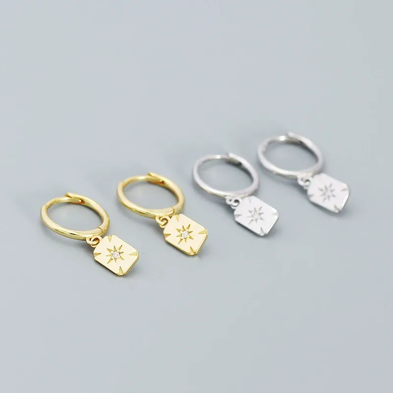 INS2309-Star Burst Square Dangle Hoop Earrings for Women Teen Girls 925 Sterling Silver Cubic Zirconia Crystal Cartilage Tiny Small Huggie Hoops Rectangle Drop Dangling Earring Cuffs Fashion Jewelry Gifts Hypoallergenic-Gold