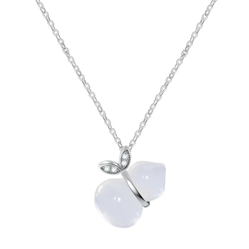 INS3030-Gourd Silver Necklace Cultural Blessings White Chalcedony Wulu Pendant Necklace Feng Shui Charm Jewelry Gift for Women Lover Anniversary