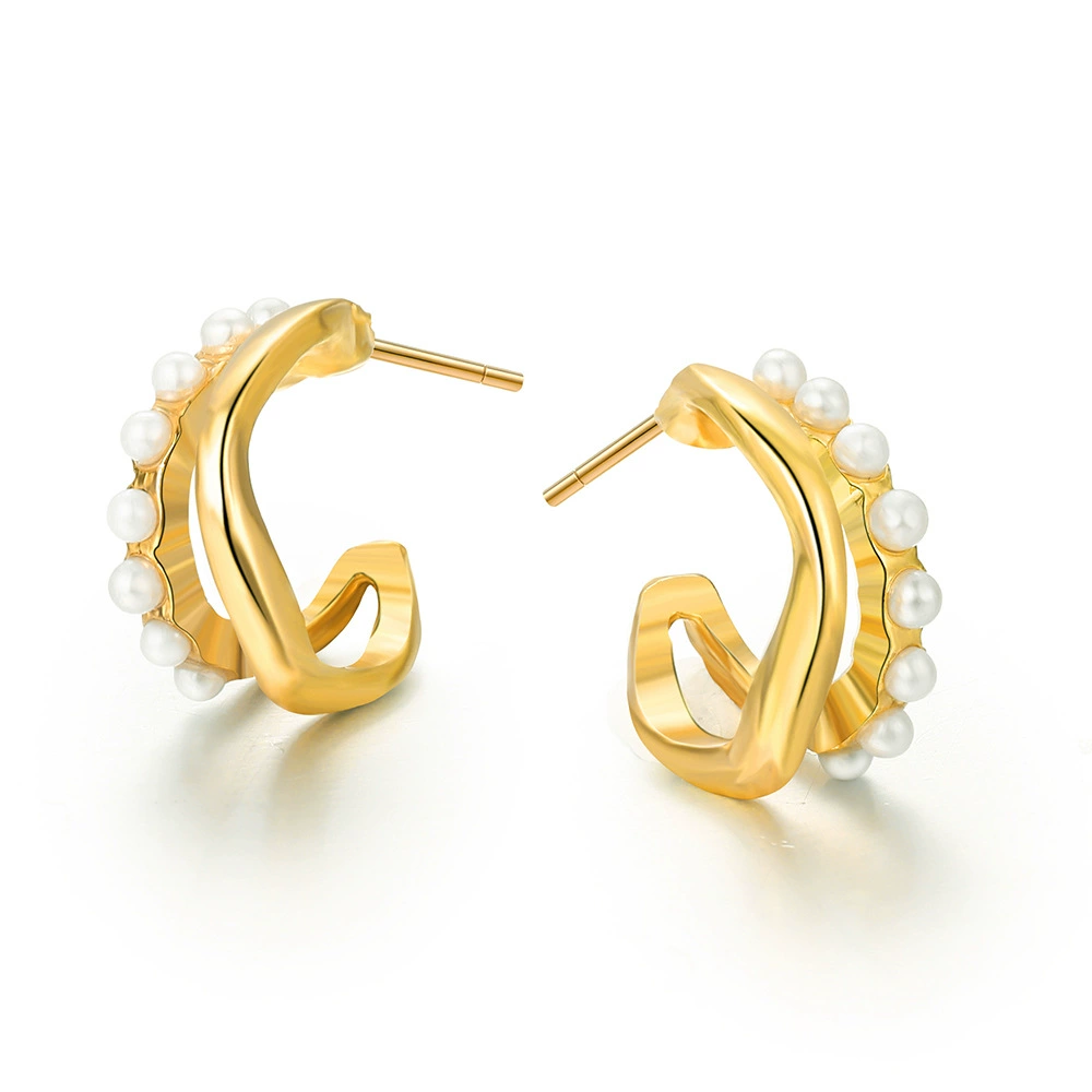 INS2144-2Pcs Chunky Gold Hoop Earrings for Women Dainty 18K Gold Huggie Hoops Earrings Double Piercing Pearl CZ Statement Earrings Trendy Jewelry Gifts