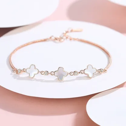 INS4014-Double Sided Enamel Four Leaf Clover Bracelet for Women, Dainty Lucky Charm Gold Link Bracelet, 316L Stainless Steel Non Tarnish Hypoallergenic Jewelry, Adjustable Rose Gold Trendy Jewelry Gift