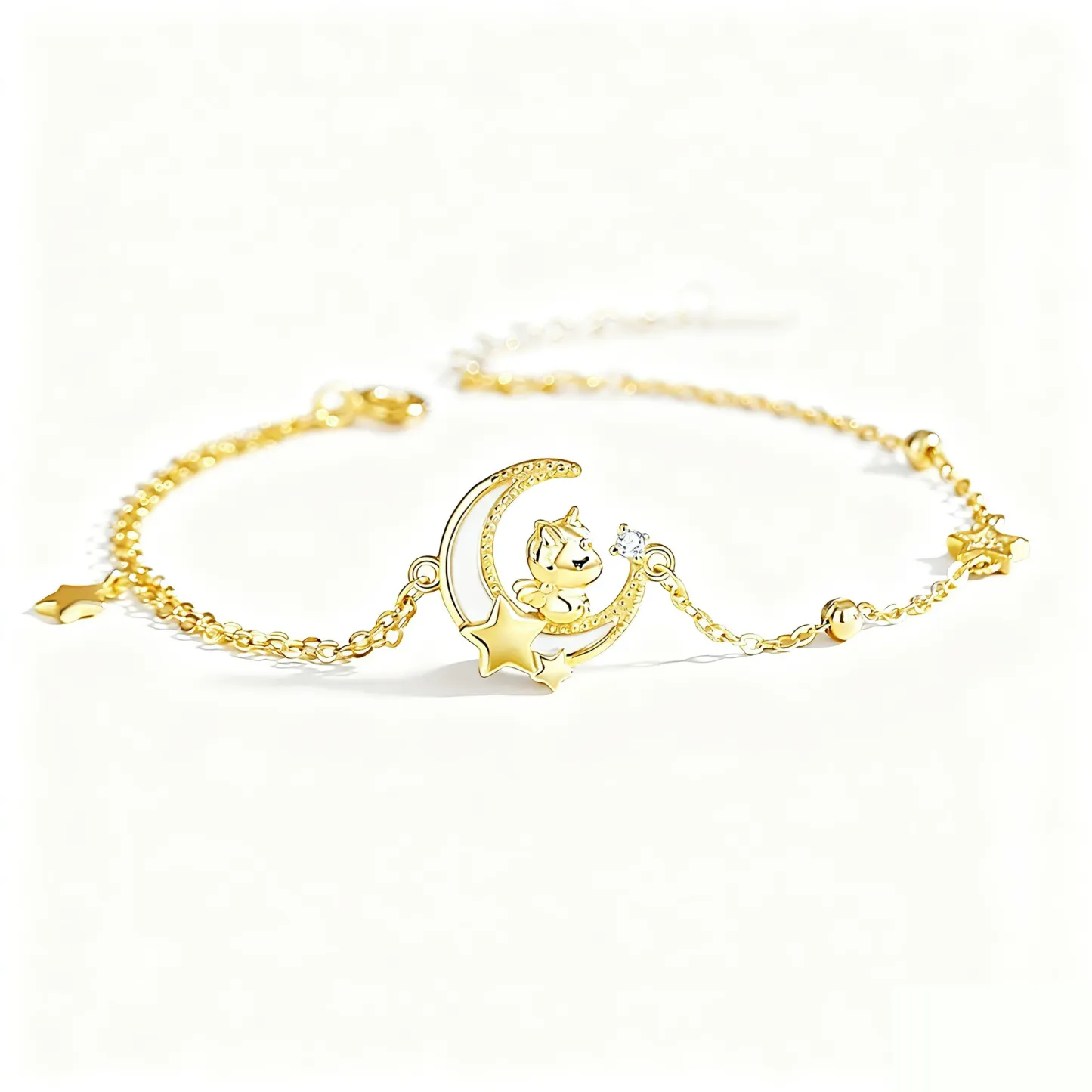 INS4082-YDD 14k Solid Gold Star Moon Bracelet for Women - Star & Moon Bracelet Gifts for Birthday & Christmas - 6.5''-8.5''