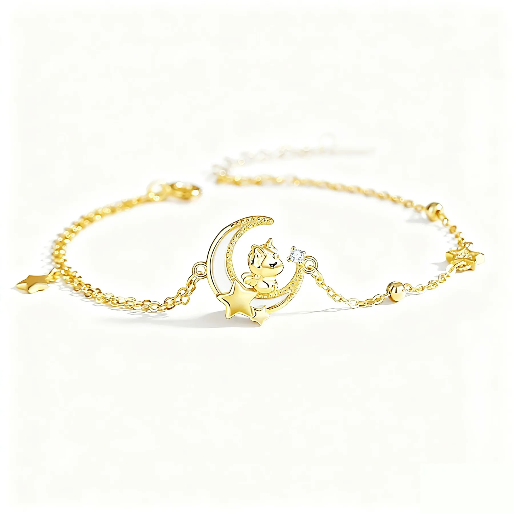 INS4082-YDD 14k Solid Gold Star Moon Bracelet for Women - Star & Moon Bracelet Gifts for Birthday & Christmas - 6.5''-8.5''