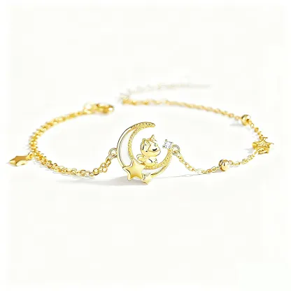 INS4082-YDD 14k Solid Gold Star Moon Bracelet for Women - Star & Moon Bracelet Gifts for Birthday & Christmas - 6.5''-8.5''