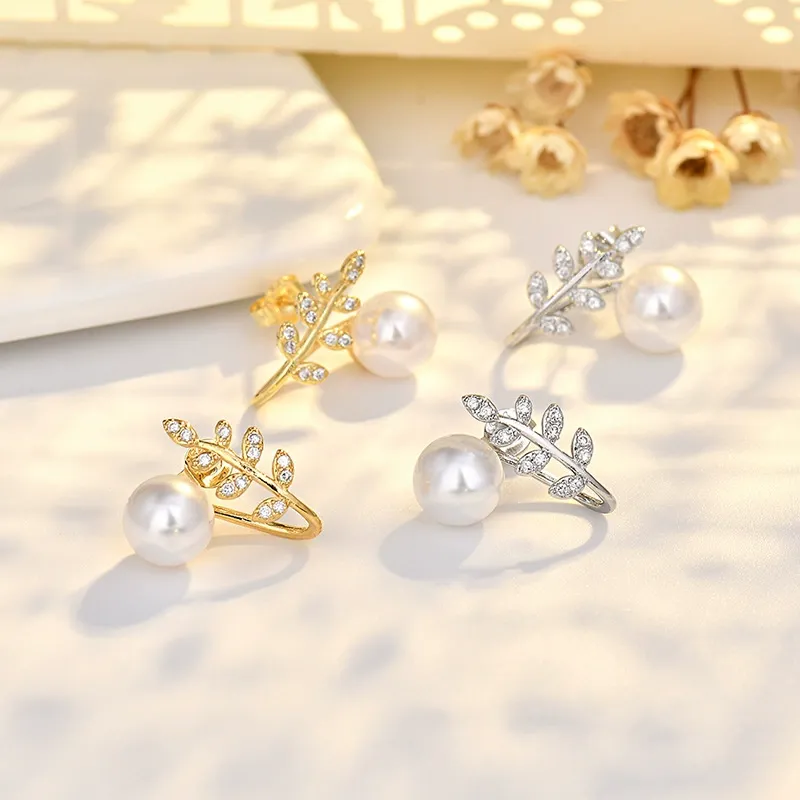 INS2289-Pearl Leaf Ear Cuff Earrings, Crystal Rhinestone Wrap Clip, Gold and Silver