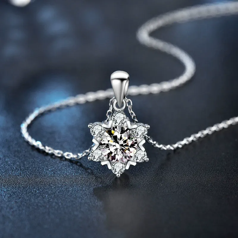 INS3231-StarGems 1ct Moissanite 925 Silver Platinum Plated&Zirconia Six Star Necklace B4628