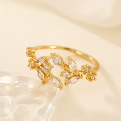 INS1232-Trendy Open Leaf Ring for Women, Branch Leaves Band Stacking Finger Ring, 14K Gold Cubic Zirconia Plated Open Ring