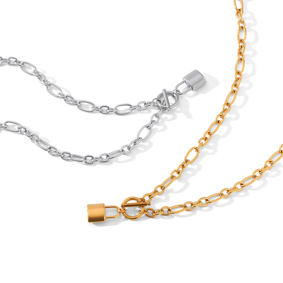 INS3127-TEN MIRO 18k Chunky Gold Necklace for Women Sweatproof, Non Tarnish Chunky Cross Necklaces Thick Gold Layering Hammered Bold Necklace Stacks Toggle Necklaces for Women-Silver