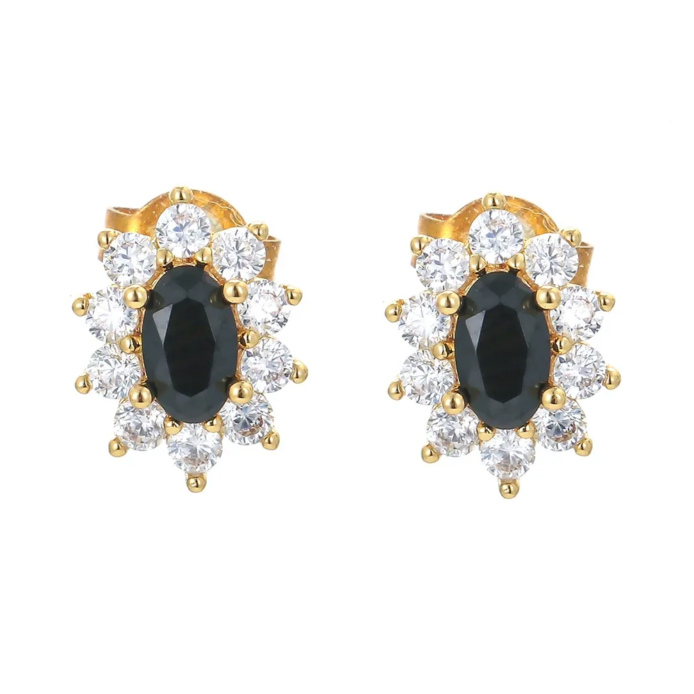 INS2172-Gem Stone King 18K Yellow Gold Plated Silver Oval 7X5MM Gemstone Birthstone Stud Earrings Princess Diana Royal Halo Style For Women Anniversary Wedding Birthday