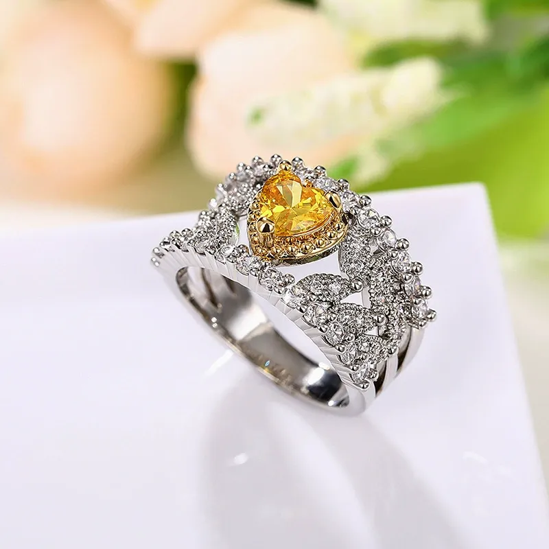 INS1162-925 Sterling Silver Shiny Full Diamond Gemstone Ring 18K Gold Heart Citrine Cubic Zirconia Promise Rings CZ Diamond Multi Row Rings Eternity Engagement Wedding Party Ring for Women A.32 (US Code 10)