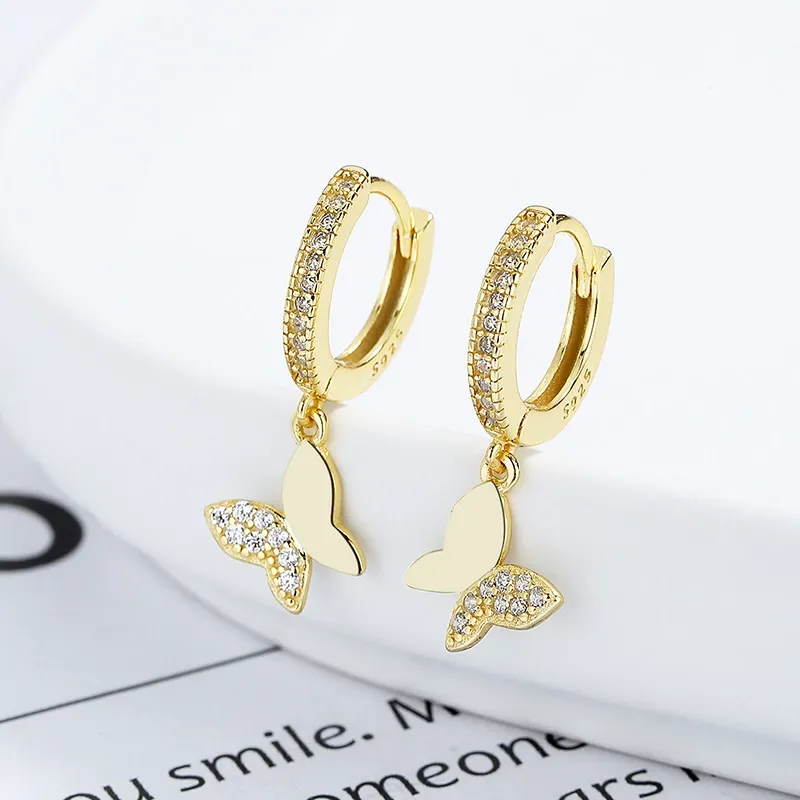 INS2183-Cute Butterfly Small CZ Cartilage Cuff Hoop Earrings With Tiny Charm Dangle Drop for Women S925 Sterling Silver Dainty Fashion Huggie Hoops Fashion Elegant Jewelry for Daughter Sister Bff