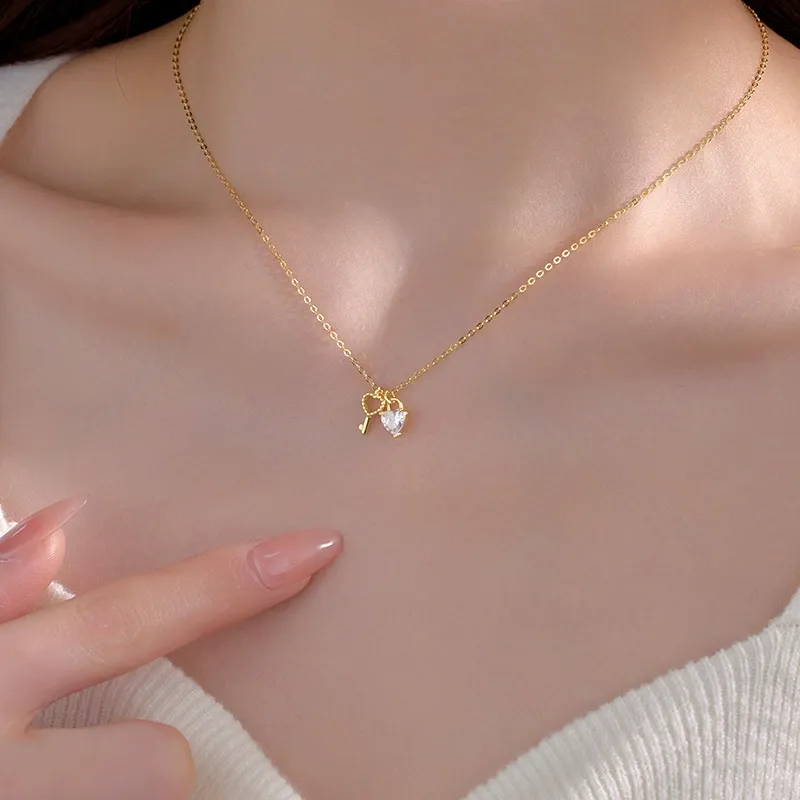 INS3108-925 Sterling Silver Heart Key Necklaces for Women Pink CZ Pendant Necklace Dainty Mother Daughter Friendship Necklace Adjustable Chain 15.75"+197" Back to School Jewelry Christmas Gifts for Her